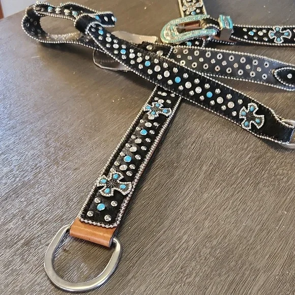Western Horse Bridle & Breast Collar With Crosses And Turquoise Bling Belt Style - Picture 4 of 8